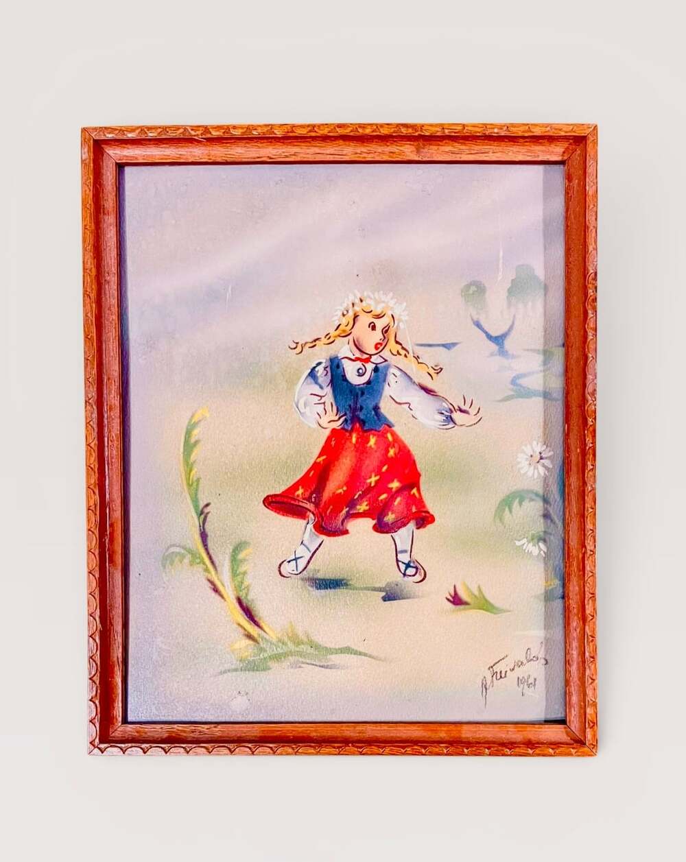 Anna Freivalds Vintage Framed Folk Art Painting of a Dancing Girl